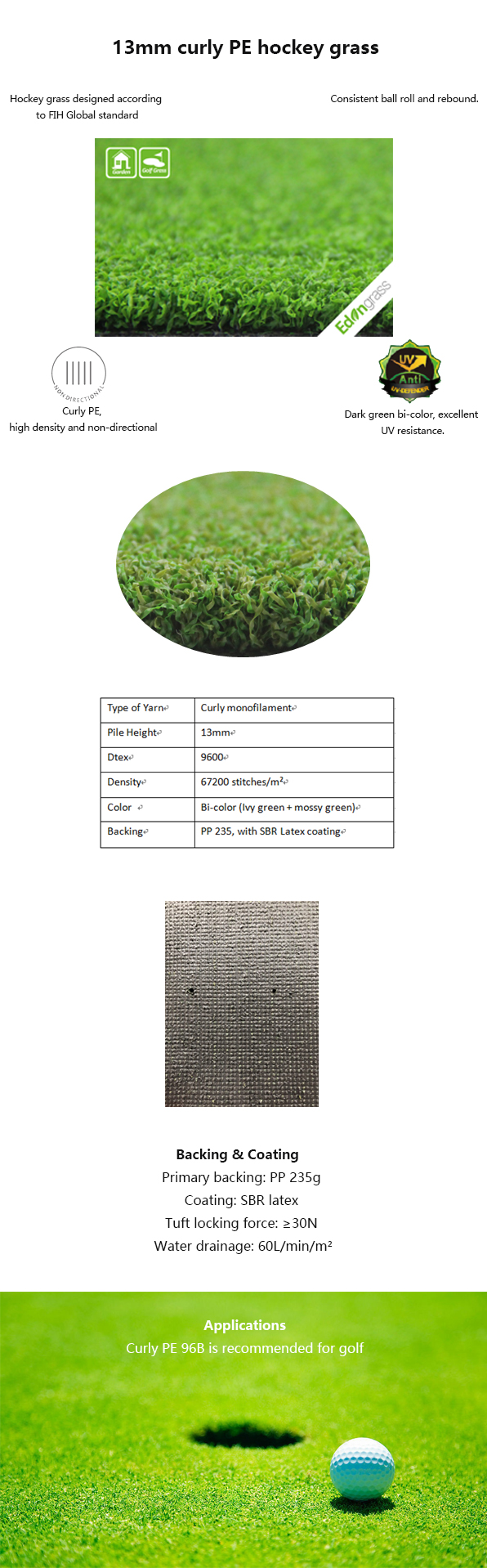 Altezza artificiale verde mettente dell'erba 13m di golf sintetico del prato inglese resistente all'uso 0